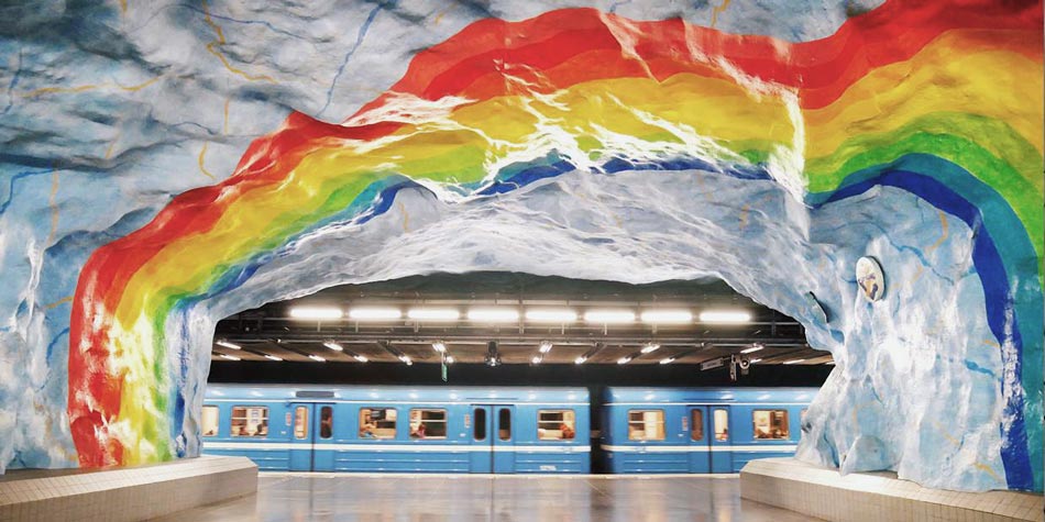 Stadion station with rainbow decoration in Stockholm