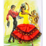 Postcard with a flamenco illustration and embroidered