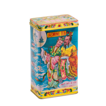 Large tea can with vintage illustrations