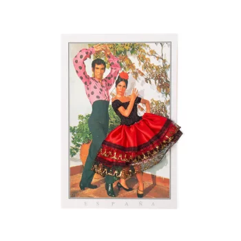 Postal flamencia bordada típica de España, con estética vintage kitsch