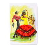 Postal flamenca bordada con hilo amarillo, tela y encaje sobre papel.